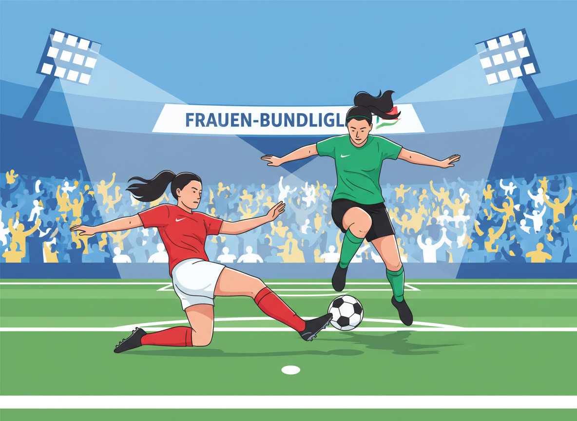A high-resolution action photograph of a Frauen-Bundesliga soccer match featuring players in vibrant red and green kits, showcasing a slide tackle under bright stadium lights with a blurred, cheering crowd in the background. A high-resolution action photograph of a Frauen-Bundesliga soccer match featuring players in vibrant red and green kits, showcasing a slide tackle under bright stadium lights with a blurred, cheering crowd in the background.