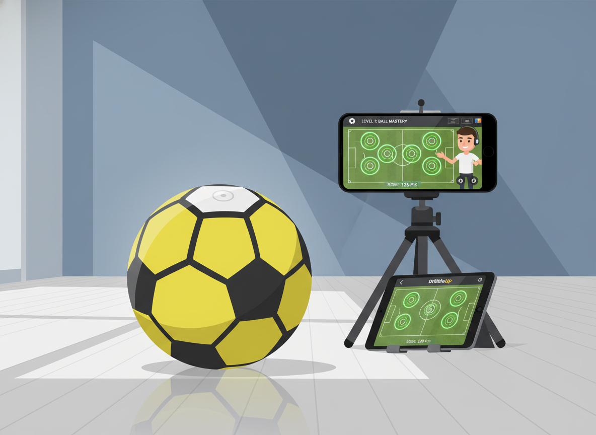 A high-resolution product photography shot of a DribbleUp smart soccer ball with its signature yellow and black patterns resting on a clean indoor floor. A smartphone on a tripod stands next to it, showing the DribbleUp app interface with glowing green digital targets and a virtual coach on the screen.