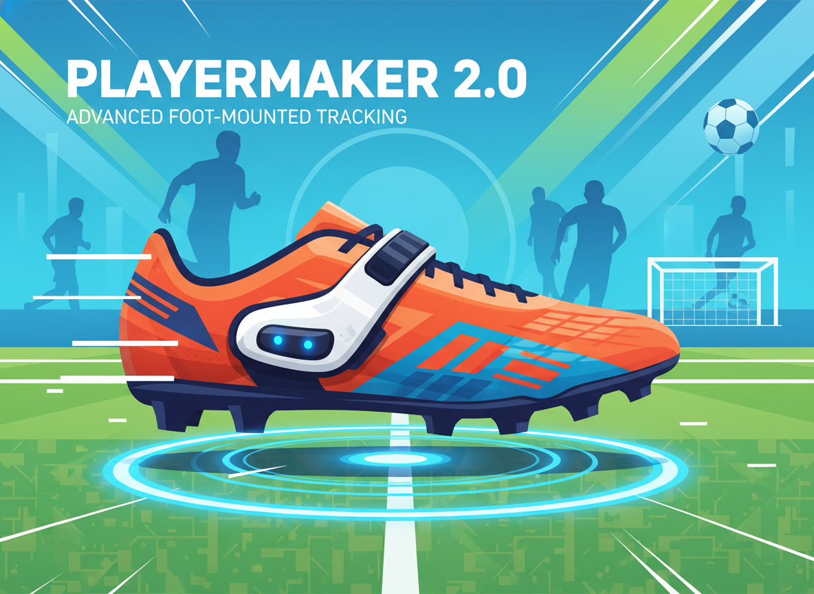 A high-tech Playermaker 2.0 sensor strapped to a sleek soccer cleat on a vibrant green field, showcasing the futuristic foot-mounted tracking technology.