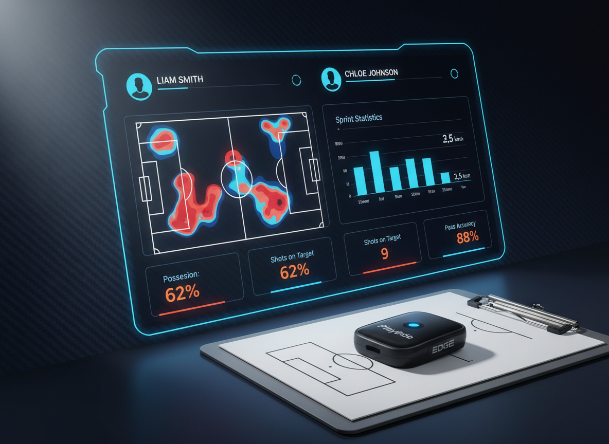 A high-tech digital dashboard showing multiple soccer player profiles with heat maps and sprint stats, a PlayerData EDGE GPS tracker pod resting on a coaching clipboard in the foreground, cinematic lighting, ultra-realistic.