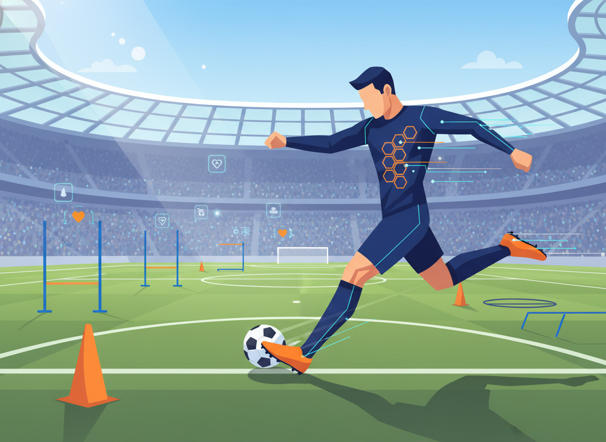 A high-tech scene showcasing soccer injury prevention wearable technology in action. In the foreground, an athlete wearing a sleek, form-fitting sports shirt embedded with smart sensors that monitor body metrics is in a dynamic kicking pose, illustrating motion and energy. The middle ground features a soccer field with training equipment and cones, emphasizing active training and real-time performance tracking. In the background, a vibrant stadium stands under bright daylight, casting natural shadows across the field. The camera angle captures the athlete from a low perspective, emphasizing the technology’s integration with the sport. The atmosphere is energetic and focused, highlighting innovation in soccer training.
