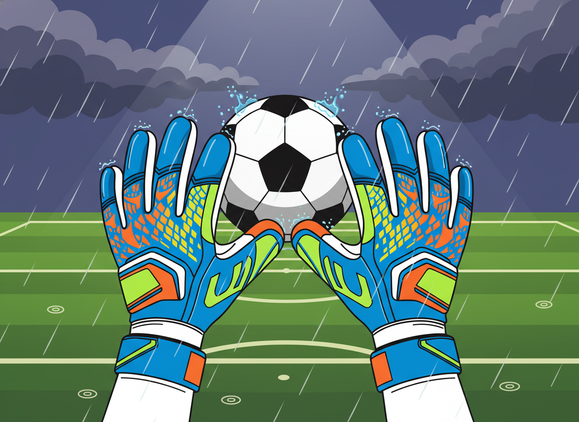 A pair of top goalkeeper gloves, showcasing vibrant colors and intricate design features, prominently displayed in the foreground, demonstrating their grip and flexibility. The gloves should be partially inserted into a soccer ball to illustrate dynamic play and motion, with fingers slightly bent as if ready to make a save. In the middle ground, a blurred soccer field setting hints at weather conditions, with raindrops falling and splashing, emphasizing the gloves' performance in wet situations. In the background, a dramatic sky with dark clouds creates an intense atmosphere, with soft, diffused lighting focusing on the gloves. Capture the essence of energy and readiness, evoking the excitement of a soccer match in challenging weather conditions. A pair of top goalkeeper gloves, showcasing vibrant colors and intricate design features, prominently displayed in the foreground, demonstrating their grip and flexibility. The gloves should be partially inserted into a soccer ball to illustrate dynamic play and motion, with fingers slightly bent as if ready to make a save. In the middle ground, a blurred soccer field setting hints at weather conditions, with raindrops falling and splashing, emphasizing the gloves' performance in wet situations. In the background, a dramatic sky with dark clouds creates an intense atmosphere, with soft, diffused lighting focusing on the gloves. Capture the essence of energy and readiness, evoking the excitement of a soccer match in challenging weather conditions.