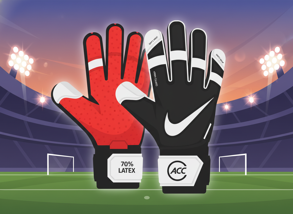 A professional close-up shot of Nike Vapor Grip 3 goalkeeper gloves, featuring the 70% latex palm, Grip3 wrapping technology, and ACC logo, set against a blurred stadium background in dramatic lighting. A professional close-up shot of Nike Vapor Grip 3 goalkeeper gloves, featuring the 70% latex palm, Grip3 wrapping technology, and ACC logo, set against a blurred stadium background in dramatic lighting.