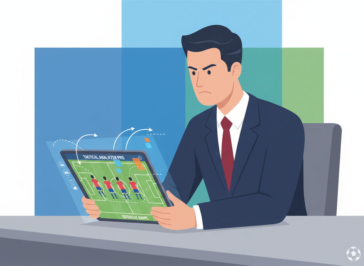 A professional soccer coach using advanced tactical analysis software on a tablet to draw movement arrows over a video of a defensive line.