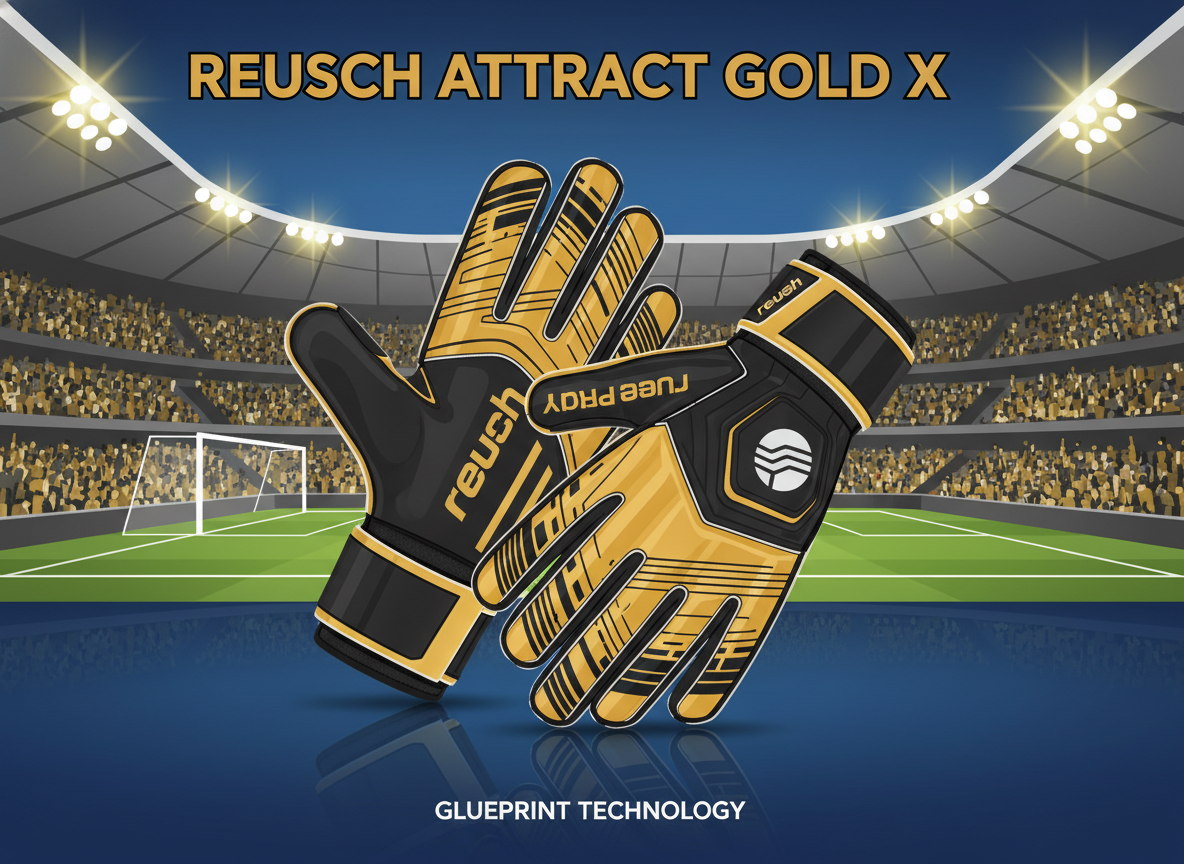 A professional studio photograph of the Reusch Attrakt Gold X goalkeeper gloves featuring a bright gold and black design, showcasing the textured GluePrint palm and the ergonomic backhand against a clean stadium background. A professional studio photograph of the Reusch Attrakt Gold X goalkeeper gloves featuring a bright gold and black design, showcasing the textured GluePrint palm and the ergonomic backhand against a clean stadium background.