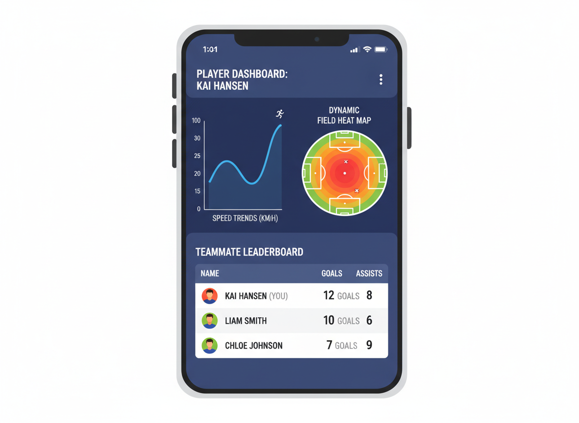 A sleek smartphone app interface showing a soccer player's dashboard with graphs for speed trends, a field heat map, and a leaderboard comparing stats with teammates.