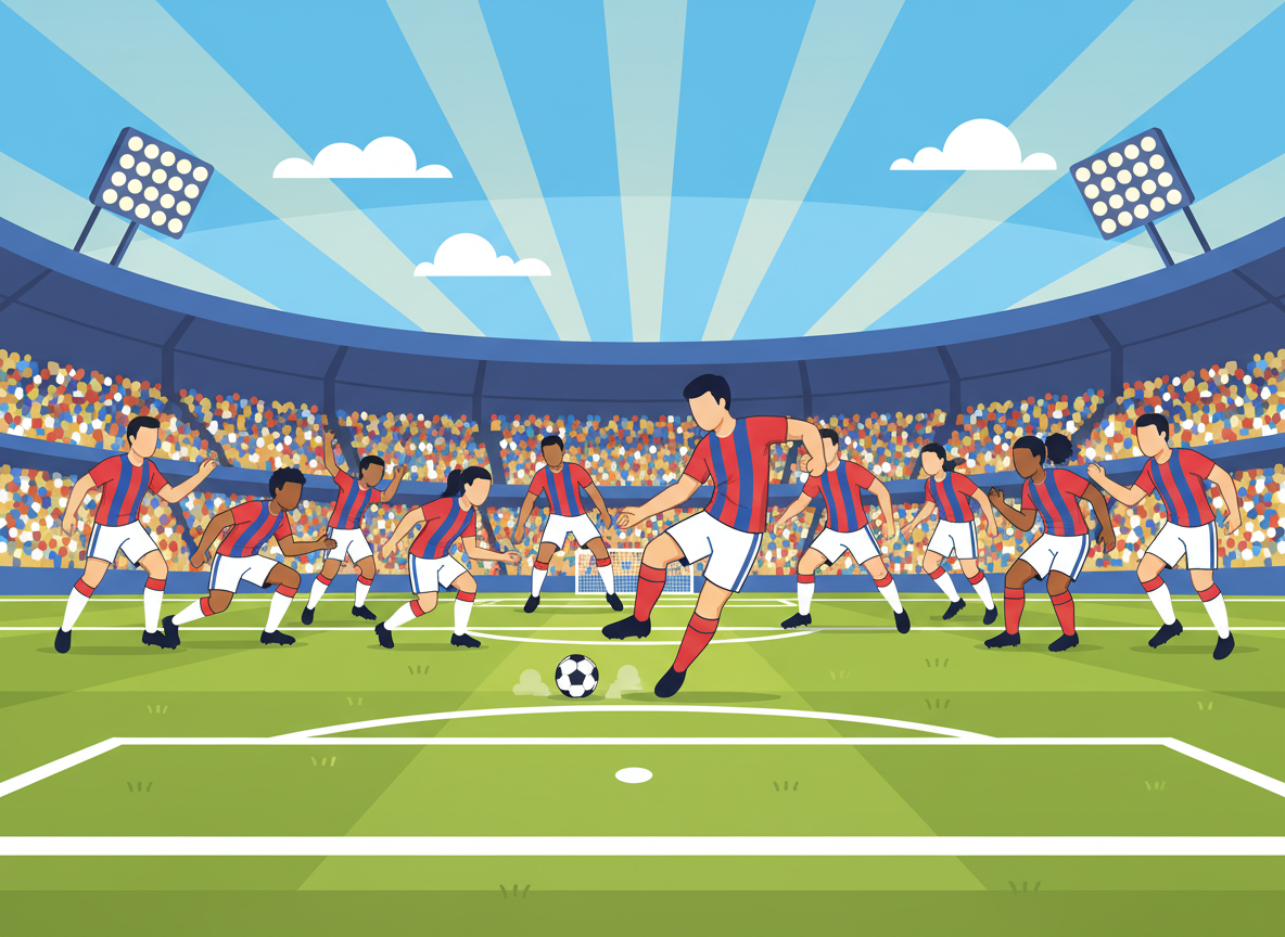 A soccer field filled with energy, focusing on the moment of kickoff. In the foreground, a group of diverse players in professional soccer kits, positioned dynamically, ready to execute a perfect kickoff. One player is in the act of striking the ball with precision, showcasing a powerful kicking technique while others prepare for the play, exhibiting a mix of intensity and strategy. The middle ground captures the vibrant green grass of the field, slightly blurred to emphasize motion. In the background, a cheering crowd under a bright blue sky, illuminated by warm sunlight, creating an uplifting atmosphere. The scene conveys a sense of urgency and teamwork, highlighting the importance of kickoff techniques in soccer without any faces close-up or text elements.