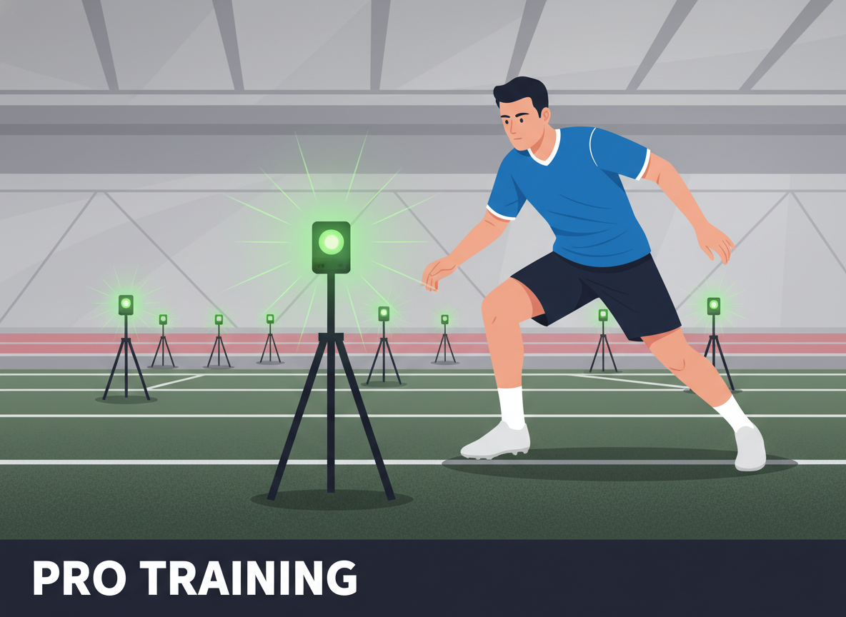 A soccer player in a dynamic athletic stance, reacting to a bright green LED light pod mounted on a tripod, with other pods visible in the background forming a training circuit.