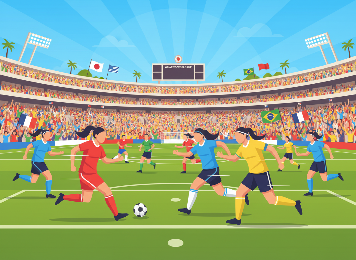 A vibrant scene capturing the excitement of a Women's Soccer World Cup match at the Rose Bowl, filled with energy and motion. In the foreground, athletic women in colorful soccer kits are engaged in a dynamic play, showcasing their skill and determination as they chase the ball. The middle ground features a diverse crowd of enthusiastic fans, waving flags and cheering passionately, demonstrating support for their teams. The background presents the iconic architecture of the Rose Bowl stadium under a bright blue sky, with radiant sunlight illuminating the scene. The atmosphere is alive with the thrill of competition and celebration, creating a sense of unity and excitement in women's sports. The image should have wide-angle perspective, capturing the grandeur of the event while ensuring no close-ups of faces.