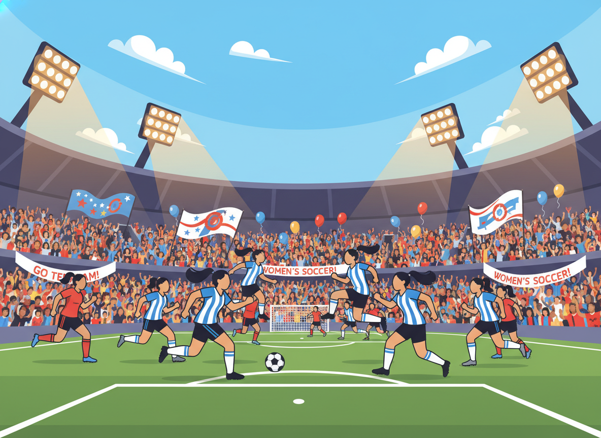 A vibrant scene depicting a bustling women’s soccer match in a large stadium filled with energetic fans. In the foreground, players in professional athletic gear are seen mid-action, showcasing dynamic movements as they compete for the ball. The middle ground features a diverse crowd of enthusiastic supporters, holding flags and wearing jerseys, reflecting unity and excitement, with balloons and banners amplifying the festive atmosphere. In the background, a bright blue sky creates an uplifting mood, while the stadium lights bathe the scene in a warm glow, emphasizing the importance of this event. The angle captures the intensity of the game, focusing on the players and fans, creating a sense of movement and energy.