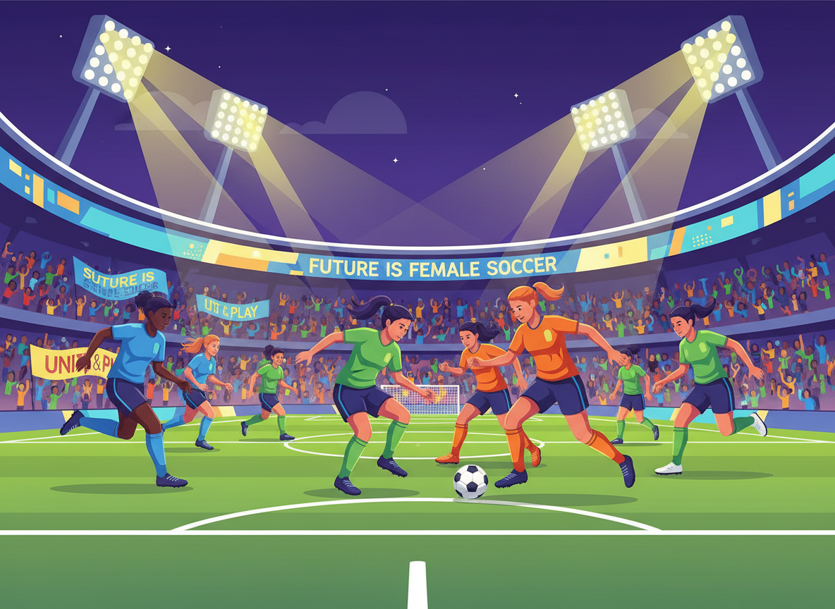 A vibrant scene depicting the future growth of women's soccer, featuring dynamic action on the field. In the foreground, a diverse group of female soccer players, dressed in professional team uniforms, engage in an intense on-field match, showcasing energy and determination as they dribble and pass the ball. The middle ground captures a cheering crowd of enthusiastic fans, holding colorful banners in support of women's soccer, reflecting unity and excitement. The background includes a modern stadium filled with bright stadium lights illuminating the scene, casting a warm, aspirational glow. The perspective is slightly elevated, creating depth and emphasizing the players' athleticism. The overall atmosphere is one of empowerment and progress, with a sense of movement and possibility for the future of women's soccer.