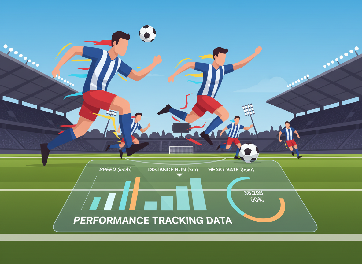 A vibrant soccer field scene showcasing various performance tracking data overlay. In the foreground, a digital display board features colorful graphs and metrics on player speed, distance run, and heart rate. In the middle, a dynamic illustration of players in action, dressed in professional soccer kits, displaying energy and intensity as they race towards the goal. The background reveals a well-maintained soccer field under bright, natural lighting, with trees and a stadium in the distance. Use a slight low-angle perspective to emphasize the players’ motion and athleticism. The atmosphere is energetic and focused, capturing the essence of competitive soccer and the importance of GPS tracking technology without any faces or distractions.