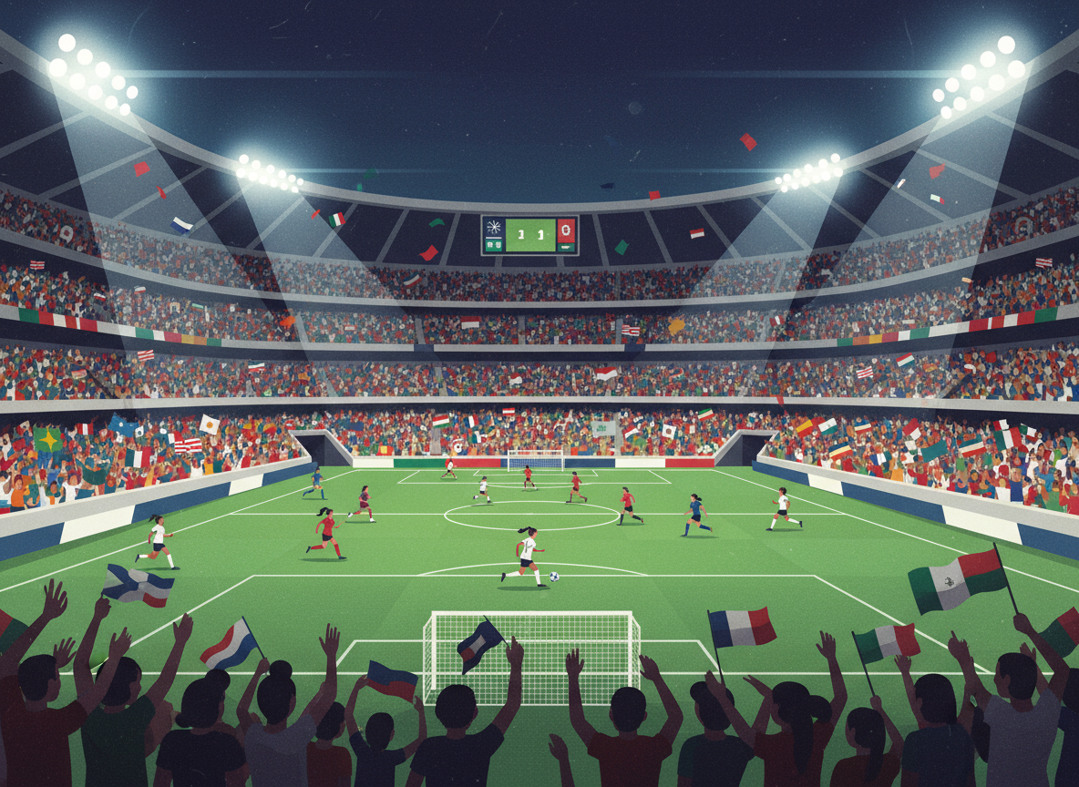 A vibrant wide-angle shot of the Estadio Azteca filled with thousands of cheering fans waving flags, a high-stakes women's soccer match in progress under bright stadium lights, cinematic style, 4k resolution. A vibrant wide-angle shot of the Estadio Azteca filled with thousands of cheering fans waving flags, a high-stakes women's soccer match in progress under bright stadium lights, cinematic style, 4k resolution.