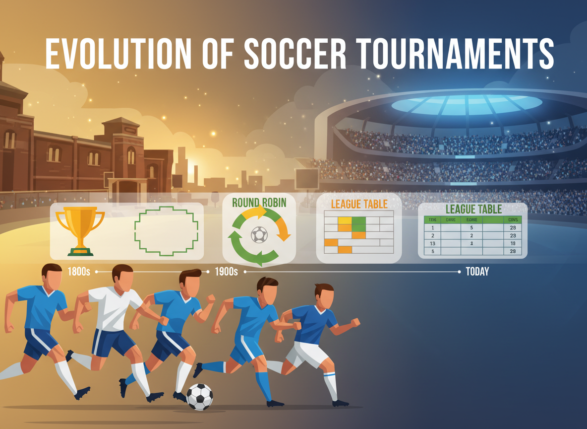 A visually engaging illustration depicting the evolution of competition tournament formats in soccer. In the foreground, dynamic figures of soccer players, clad in matching uniforms, are caught in energetic action during a match, showcasing movement and teamwork. The middle ground features a series of tournament brackets and varying formats, such as knockout stages, round robins, and league play, displayed in an artistic manner, symbolizing progression. The background incorporates iconic stadiums with a vibrant crowd, layered under atmospheric lighting that suggests excitement and anticipation. The scene captures the spirit of competition and unity, with the players focused and determined. Use a wide-angle lens to enhance depth, creating a lively, inspiring atmosphere reflecting the rich legacy of soccer in tournament formats.