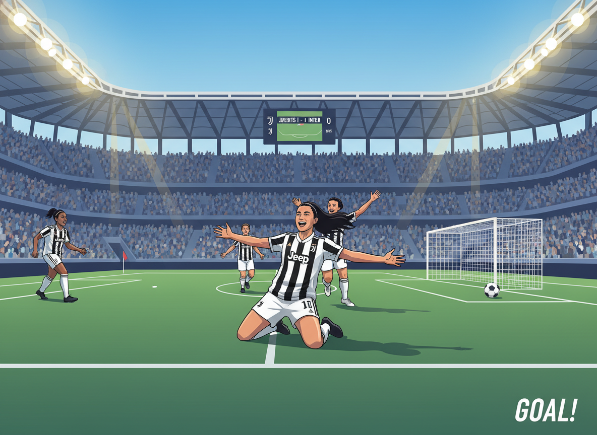 A wide cinematic shot of a professional women soccer match in a modern Italian stadium, focused on a Juventus player celebrating a goal under bright stadium lights, high-quality sports photography style. A wide cinematic shot of a professional women soccer match in a modern Italian stadium, focused on a Juventus player celebrating a goal under bright stadium lights, high-quality sports photography style.