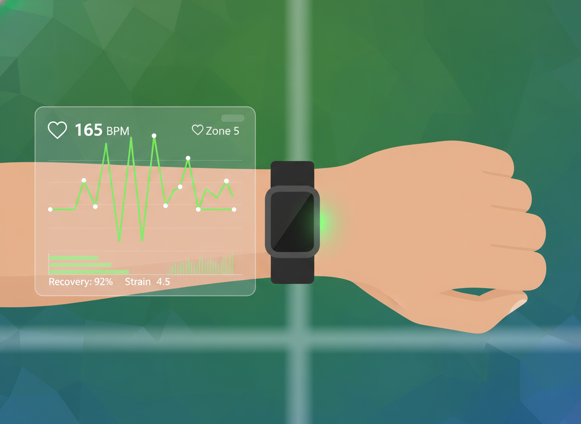 An athlete's wrist featuring a sleek biometric strap like a WHOOP band, showing a glowing green light on the underside against the skin, with a digital overlay of a heart rate graph.