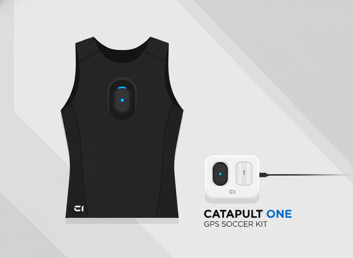 Catapult One GPS tracker soccer kit including the pod, vest, and charging dock, presented in a premium tech-style product shot.