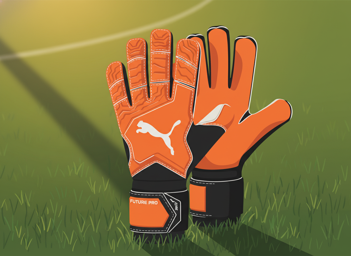 Close-up high-resolution photo of Puma Future Pro Hybrid goalkeeper gloves with a focus on the textured latex palm and hybrid cut stitching, set against a blurred green soccer pitch during golden hour. Close-up high-resolution photo of Puma Future Pro Hybrid goalkeeper gloves with a focus on the textured latex palm and hybrid cut stitching, set against a blurred green soccer pitch during golden hour.