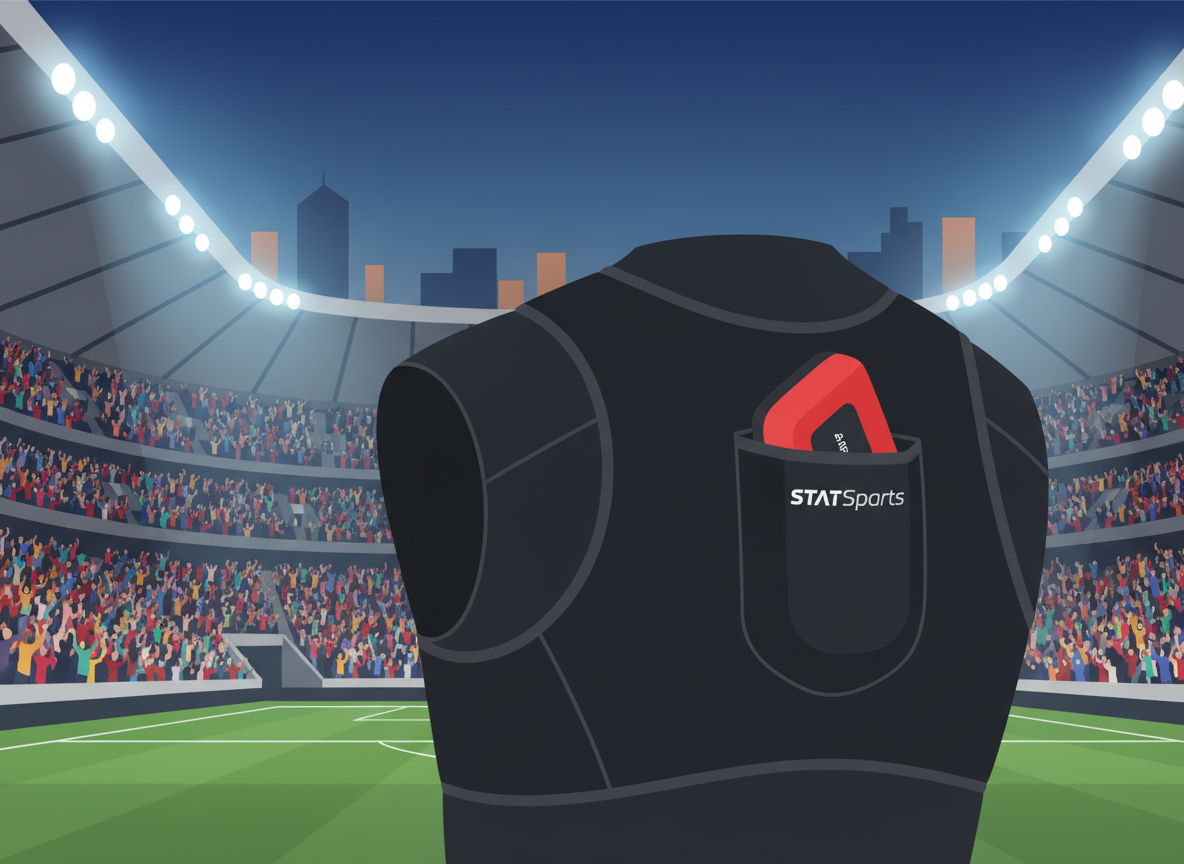 Close-up of a STATSports APEX GPS pod being inserted into the back of a black performance vest, professional soccer stadium background.