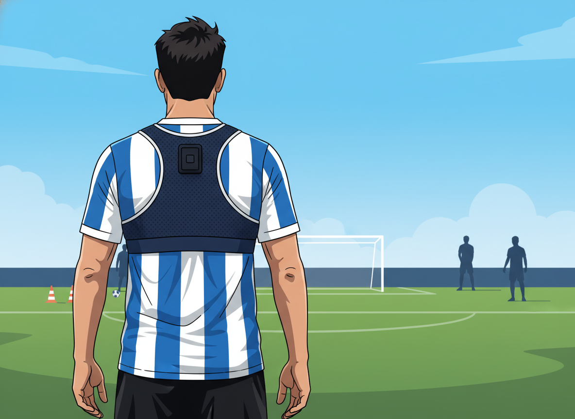 Close-up of a professional soccer player from behind, showing the small black GPS pod tucked into a specialized mesh vest between the shoulder blades during a sunny practice session.