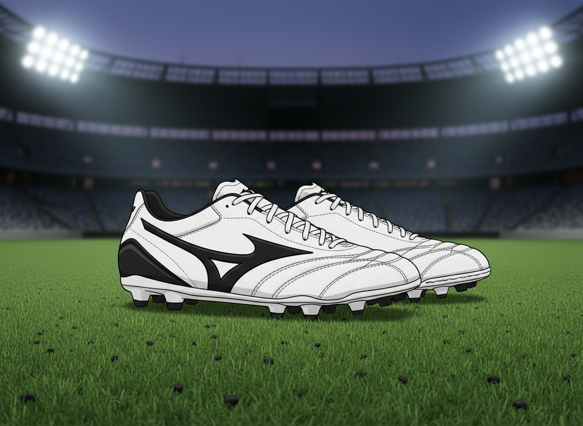 Mizuno Morelia Neo III Pro turf soccer boots in a classic white and black colorway, showing the premium K-Leather grain, positioned on a professional 4G turf field under stadium lights, highlighting the handcrafted aesthetic and sleek profile. Mizuno Morelia Neo III Pro turf soccer boots in a classic white and black colorway, showing the premium K-Leather grain, positioned on a professional 4G turf field under stadium lights, highlighting the handcrafted aesthetic and sleek profile.