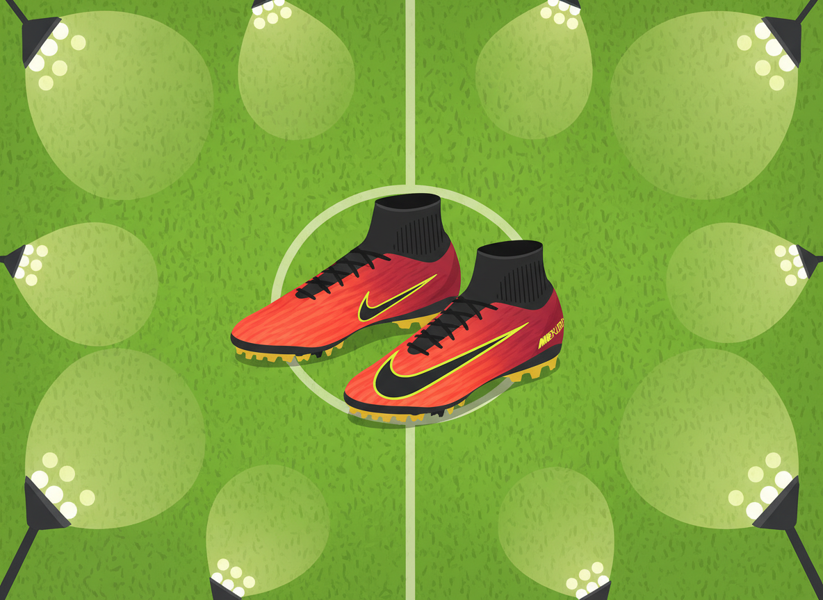 Professional high-angle shot of Nike Mercurial Superfly Academy turf soccer boots resting on a vibrant green 3G artificial pitch, showcasing the textured synthetic upper, the dynamic fit collar, and the specialized rubber turf outsole under bright stadium lights. Professional high-angle shot of Nike Mercurial Superfly Academy turf soccer boots resting on a vibrant green 3G artificial pitch, showcasing the textured synthetic upper, the dynamic fit collar, and the specialized rubber turf outsole under bright stadium lights.