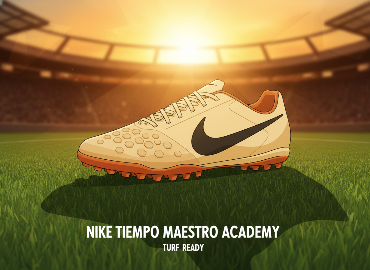 Professional product photography of Nike Tiempo Maestro Academy turf soccer cleats, sleek synthetic leather upper with visible foam pod textures, rubber lug outsole, placed on a high-quality 3G artificial turf pitch, dramatic sunset lighting, 8k resolution, cinematic quality. Professional product photography of Nike Tiempo Maestro Academy turf soccer cleats, sleek synthetic leather upper with visible foam pod textures, rubber lug outsole, placed on a high-quality 3G artificial turf pitch, dramatic sunset lighting, 8k resolution, cinematic quality.