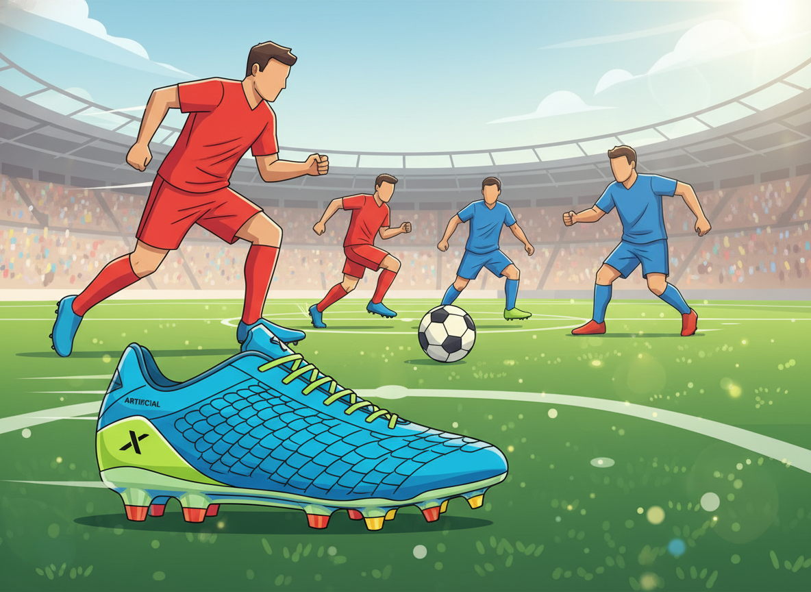 Specialized soccer boots designed for artificial turf, showcasing a sleek, aerodynamic design with strategically placed studs optimized for 2G, 3G, and 4G pitches. The foreground features the boots in vibrant colors, with a focus on the textured material and unique stud patterns. In the middle, a dynamic soccer scene captures players in motion, skillfully dribbling and passing the ball on a well-maintained artificial turf pitch, with subtle highlights reflecting off the surface. The background displays a blurred stadium with cheering fans under bright, natural daylight, creating an energetic and competitive atmosphere. The scene encapsulates motion and excitement, emphasizing the importance of the right footwear for optimal performance on artificial turf. Specialized soccer boots designed for artificial turf, showcasing a sleek, aerodynamic design with strategically placed studs optimized for 2G, 3G, and 4G pitches. The foreground features the boots in vibrant colors, with a focus on the textured material and unique stud patterns. In the middle, a dynamic soccer scene captures players in motion, skillfully dribbling and passing the ball on a well-maintained artificial turf pitch, with subtle highlights reflecting off the surface. The background displays a blurred stadium with cheering fans under bright, natural daylight, creating an energetic and competitive atmosphere. The scene encapsulates motion and excitement, emphasizing the importance of the right footwear for optimal performance on artificial turf.