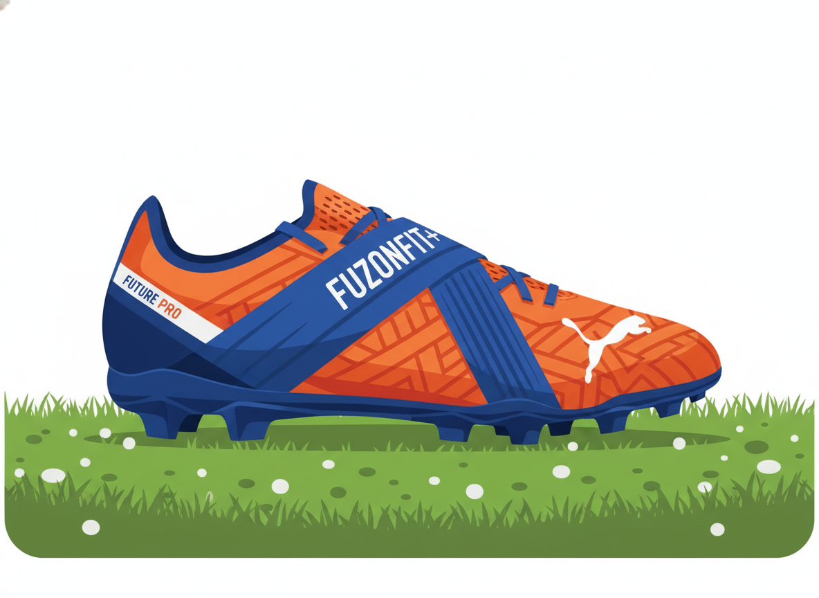 Studio photography of Puma Future Pro Turf soccer cleats featuring a bright orange and blue colorway, highlighting the FUZIONFIT+ compression band on a high-texture synthetic turf background, 8k resolution, sharp focus. Studio photography of Puma Future Pro Turf soccer cleats featuring a bright orange and blue colorway, highlighting the FUZIONFIT+ compression band on a high-texture synthetic turf background, 8k resolution, sharp focus.