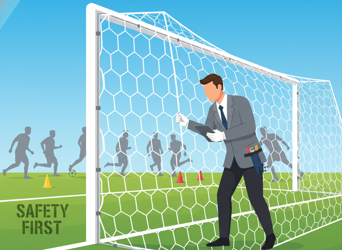 A brightly lit soccer field at midday, featuring a detailed close-up view of a soccer goal net undergoing a safety inspection. In the foreground, a qualified adult inspector, dressed in professional attire, is meticulously examining the net's integrity, checking for damage, wear, and secure attachments. The middle layer showcases the sturdy soccer goal post with vibrant white netting, displaying realistic textures and tension. In the background, blurred silhouettes of athletes can be seen practicing, emphasizing the active nature of the field while maintaining focus on the inspection. The overall atmosphere is serious yet dynamic, capturing the essence of safety and responsibility in sports.