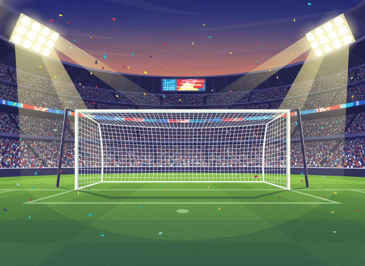A cinematic shot of a professional box soccer goal in a massive stadium, the net pulled perfectly taut by rear support poles, vibrant green grass under bright stadium floodlights.