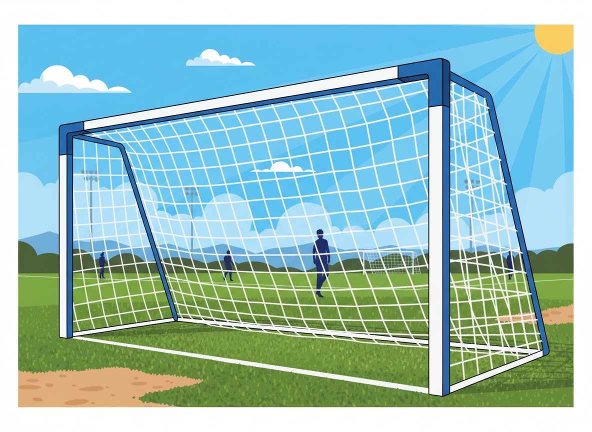 A close-up of a continental soccer goal net featuring D-brackets at the top corners, the twisted white netting hanging gracefully toward the ground on a sunny amateur field.