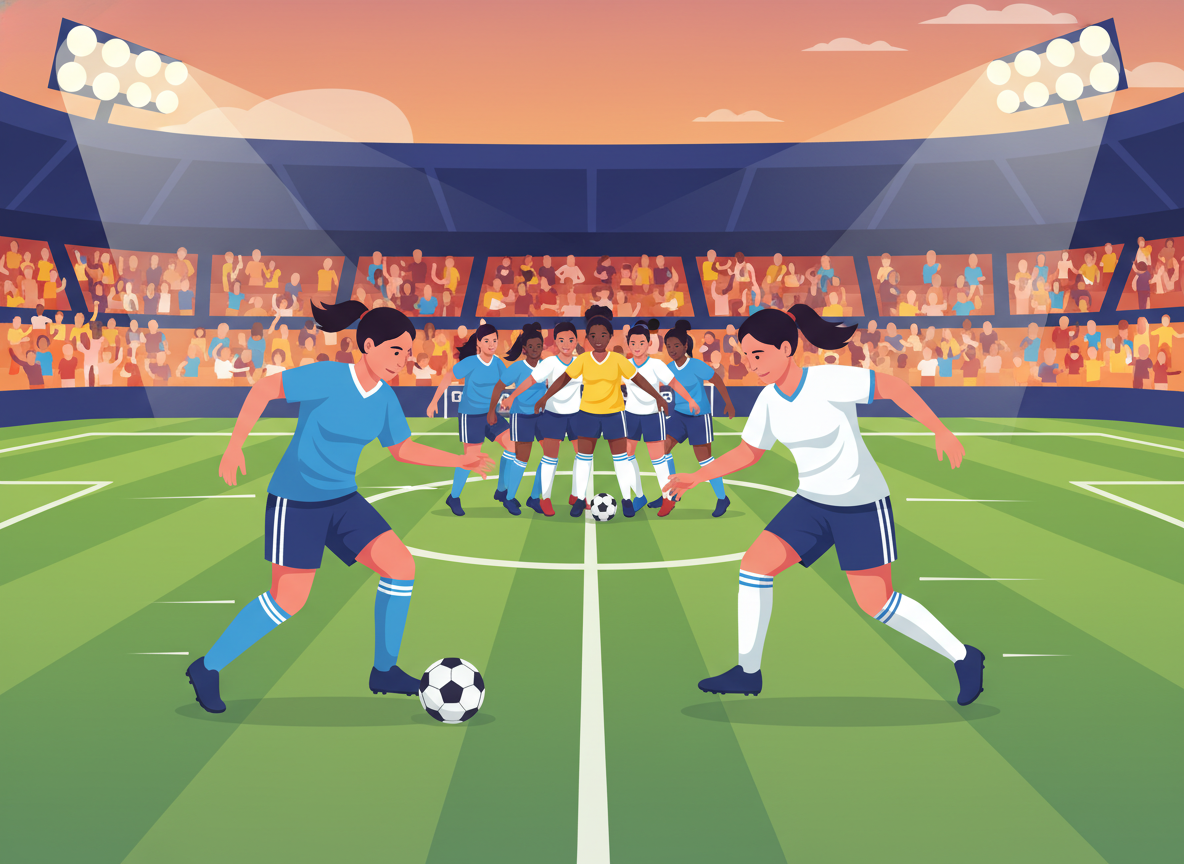 A dynamic scene capturing the essence of women's soccer, featuring players in professional athletic uniforms engaging in an intense game on a vibrant soccer field. In the foreground, two female athletes display motion and energy, with one skillfully dribbling the ball while the other prepares to defend. The middle ground showcases a diverse group of players collaborating, embodying teamwork and determination. The background features a cheering crowd of supporters, set under bright stadium lights that create a lively atmosphere. The angle is slightly elevated, giving a broad view of the action while maintaining focus on the players. The overall mood conveys passion and resilience, emphasizing the need for greater visibility of women's sports in the media. A dynamic scene capturing the essence of women's soccer, featuring players in professional athletic uniforms engaging in an intense game on a vibrant soccer field. In the foreground, two female athletes display motion and energy, with one skillfully dribbling the ball while the other prepares to defend. The middle ground showcases a diverse group of players collaborating, embodying teamwork and determination. The background features a cheering crowd of supporters, set under bright stadium lights that create a lively atmosphere. The angle is slightly elevated, giving a broad view of the action while maintaining focus on the players. The overall mood conveys passion and resilience, emphasizing the need for greater visibility of women's sports in the media.