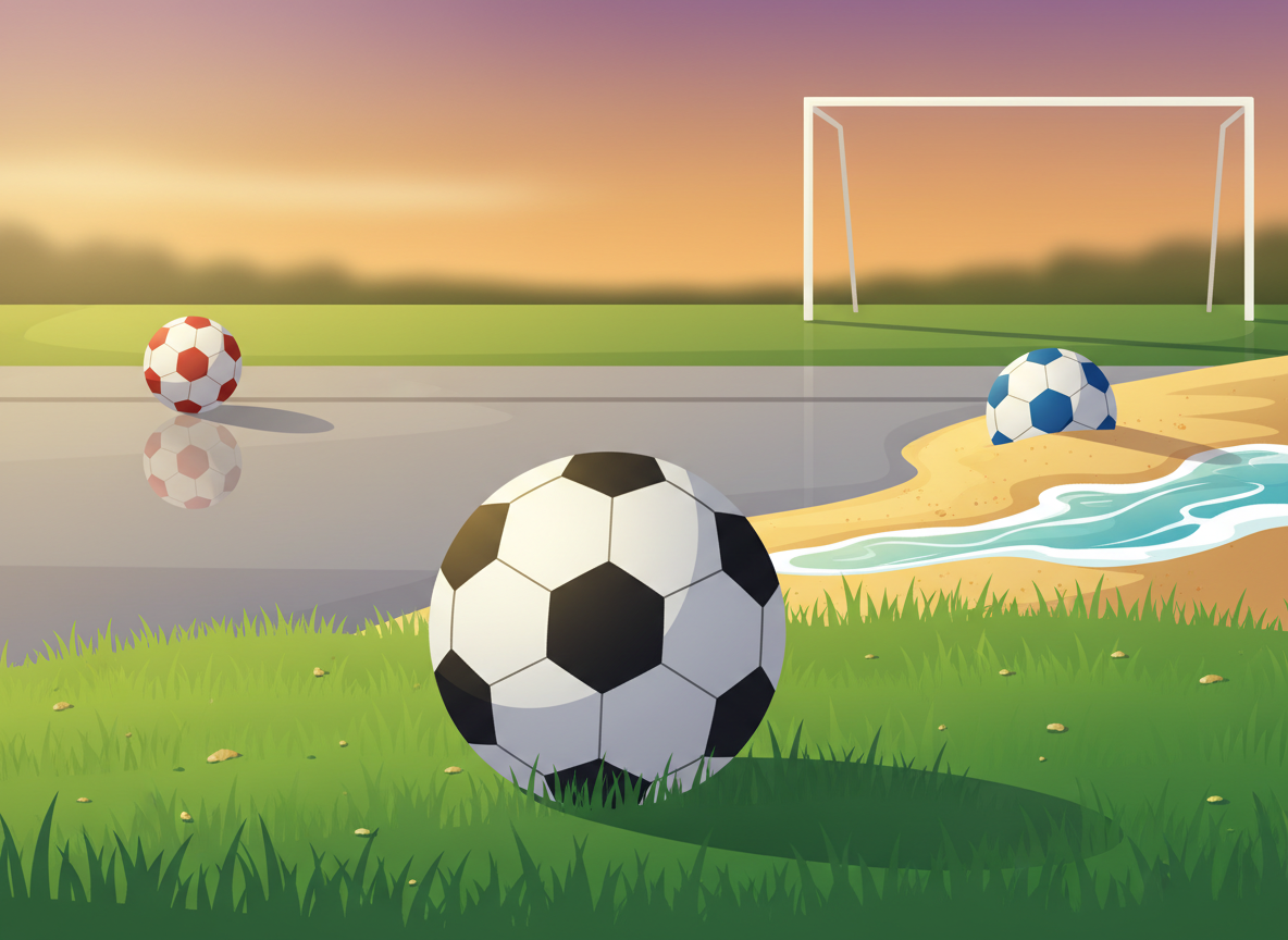 A dynamic scene showcasing soccer balls on diverse surfaces: in the foreground, a classic black and white soccer ball rests on bright green natural grass, surrounded by scattered blades of grass that catch the sunlight. In the middle ground, another soccer ball sits on a sandy beach, with gentle waves lapping nearby, highlighting texture variations. Further back, a soccer ball is placed on a smooth, polished concrete pavement, reflecting the warm afternoon light. The background features a blurred soccer field with goalposts, suggesting an active sports environment. Soft, warm lighting enhances the inviting atmosphere, while a low-angle perspective captures the essence of motion and play, emphasizing the importance of surface choice in soccer. A dynamic scene showcasing soccer balls on diverse surfaces: in the foreground, a classic black and white soccer ball rests on bright green natural grass, surrounded by scattered blades of grass that catch the sunlight. In the middle ground, another soccer ball sits on a sandy beach, with gentle waves lapping nearby, highlighting texture variations. Further back, a soccer ball is placed on a smooth, polished concrete pavement, reflecting the warm afternoon light. The background features a blurred soccer field with goalposts, suggesting an active sports environment. Soft, warm lighting enhances the inviting atmosphere, while a low-angle perspective captures the essence of motion and play, emphasizing the importance of surface choice in soccer.