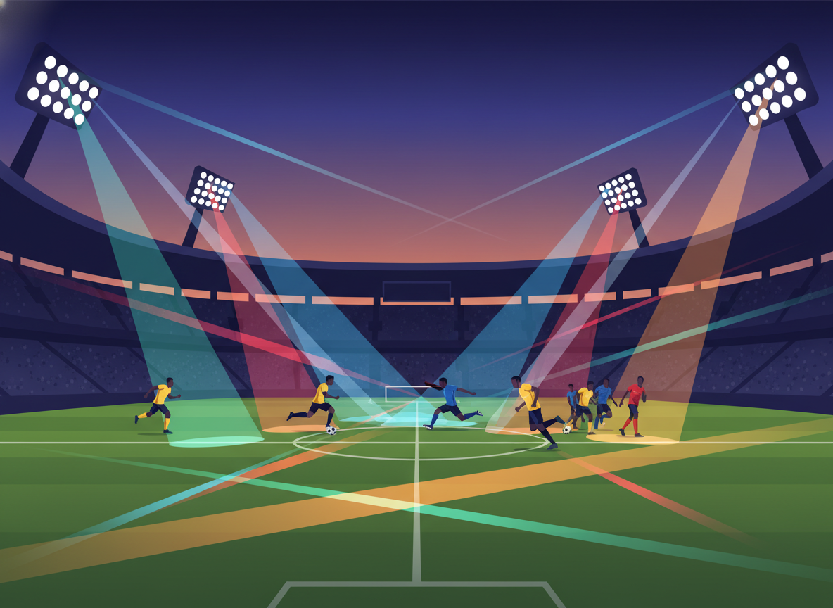 A dynamic stadium field illuminated by an array of high-powered floodlights, showcasing a spectrum of brightness and color settings. In the foreground, vibrant beams of light create patterns on the lush green turf, highlighting their intensity and warmth. Midground features enthusiastic players in professional sports attire, dynamically posed in action, their movements expressing energy and teamwork. The background captures the majestic stadium structure, with a deep blue evening sky transitioning to twilight hues, emphasizing the impact of strategic lighting design. The scene conveys a sense of excitement and professionalism, showcasing the essential role of lighting in enhancing sports events. Use a wide-angle lens to capture the full scope of the atmosphere, focusing on the interplay of light and energy without any text or distractions. A dynamic stadium field illuminated by an array of high-powered floodlights, showcasing a spectrum of brightness and color settings. In the foreground, vibrant beams of light create patterns on the lush green turf, highlighting their intensity and warmth. Midground features enthusiastic players in professional sports attire, dynamically posed in action, their movements expressing energy and teamwork. The background captures the majestic stadium structure, with a deep blue evening sky transitioning to twilight hues, emphasizing the impact of strategic lighting design. The scene conveys a sense of excitement and professionalism, showcasing the essential role of lighting in enhancing sports events. Use a wide-angle lens to capture the full scope of the atmosphere, focusing on the interplay of light and energy without any text or distractions.