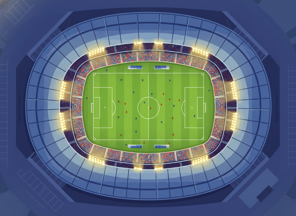 A high-angle architectural photograph of a professional sports stadium at dusk, vibrant LED floodlights illuminating a lush green soccer field, cinematic lighting, ultra-realistic. A high-angle architectural photograph of a professional sports stadium at dusk, vibrant LED floodlights illuminating a lush green soccer field, cinematic lighting, ultra-realistic.