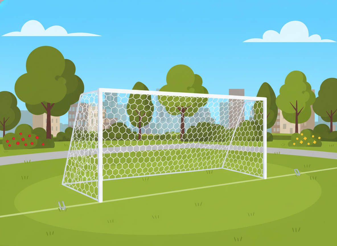 A high-angle photo of a white straight back soccer goal net at a local park, showing the netting draping directly from the crossbar to the grass with metal pegs, bright daylight, cinematic quality.