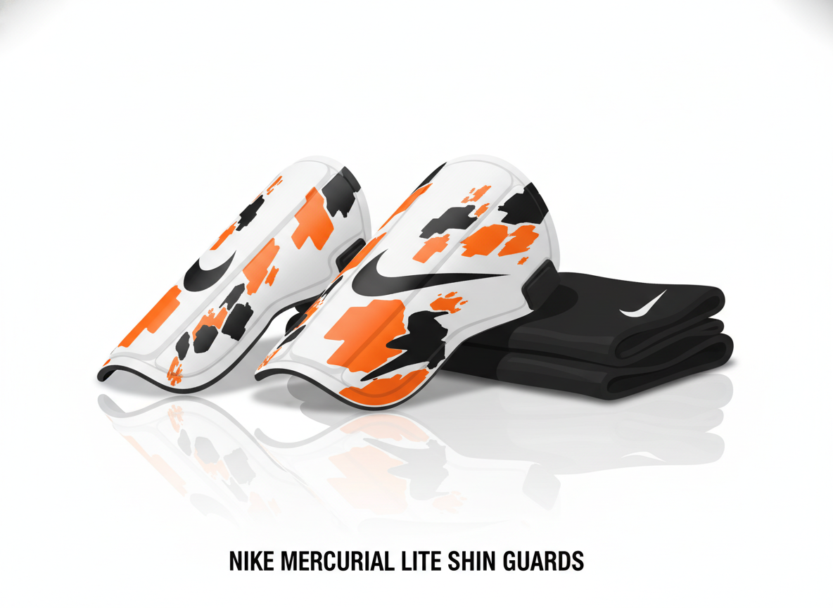 A high-quality product photo of Nike Mercurial Lite shin guards with matching compression sleeves on a sleek white background, professional sports photography style, 8k resolution. A high-quality product photo of Nike Mercurial Lite shin guards with matching compression sleeves on a sleek white background, professional sports photography style, 8k resolution.