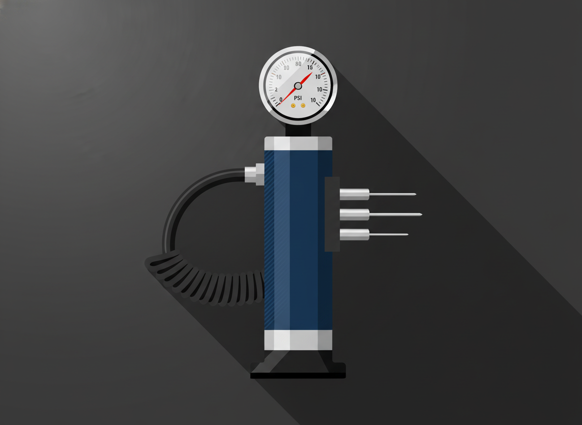 A high-quality professional soccer ball pump with a clear analog pressure gauge, a flexible hose, and stainless steel needles, set against a dark background with dramatic lighting. A high-quality professional soccer ball pump with a clear analog pressure gauge, a flexible hose, and stainless steel needles, set against a dark background with dramatic lighting.