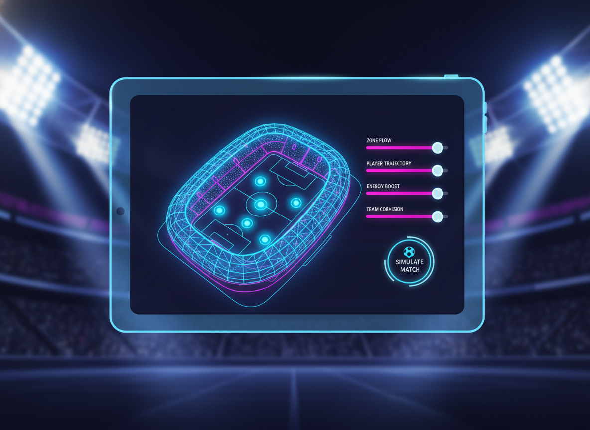 A high-tech digital tablet interface showing a 3D stadium map with glowing light zones and control sliders, professional sports lighting background. A high-tech digital tablet interface showing a 3D stadium map with glowing light zones and control sliders, professional sports lighting background.