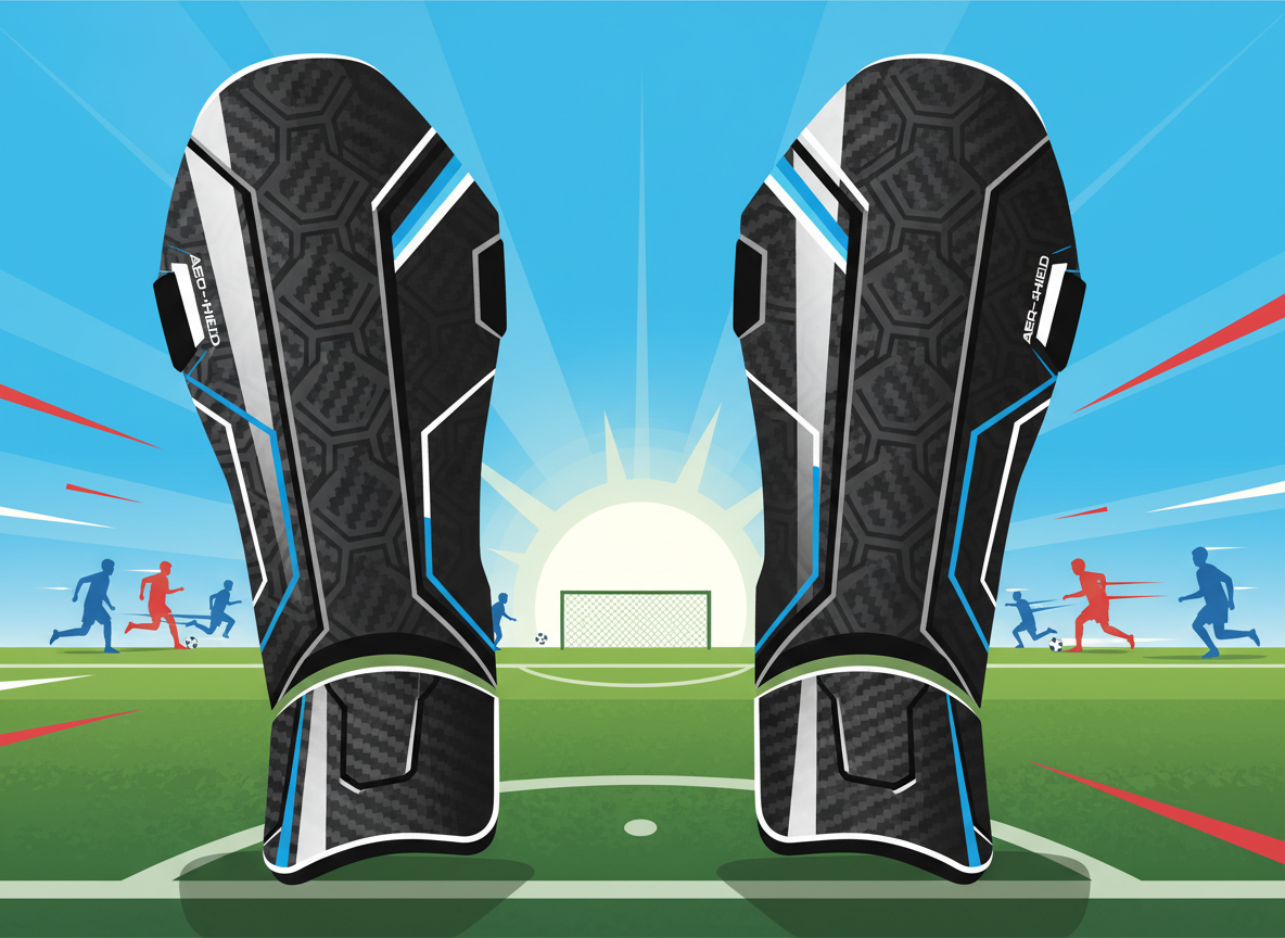 A pair of sleek carbon fiber shin guards, showcasing intricate patterns and textures, positioned prominently in the foreground. The shin guards reflect a glossy finish, catching the light with dynamic highlights, emphasizing their lightweight and durable design. In the middle ground, a soccer field is visible, with blurred grass and goal posts, conveying a sense of action and energy. The background captures a dynamic play scene, with players in the distance, dressed in professional soccer attire, engaged in a game, creating an atmosphere of intensity and competition. The lighting is bright and vivid, simulating a sunny day, and the angle is slightly below the shin guards to underscore their importance in the game. A pair of sleek carbon fiber shin guards, showcasing intricate patterns and textures, positioned prominently in the foreground. The shin guards reflect a glossy finish, catching the light with dynamic highlights, emphasizing their lightweight and durable design. In the middle ground, a soccer field is visible, with blurred grass and goal posts, conveying a sense of action and energy. The background captures a dynamic play scene, with players in the distance, dressed in professional soccer attire, engaged in a game, creating an atmosphere of intensity and competition. The lighting is bright and vivid, simulating a sunny day, and the angle is slightly below the shin guards to underscore their importance in the game.