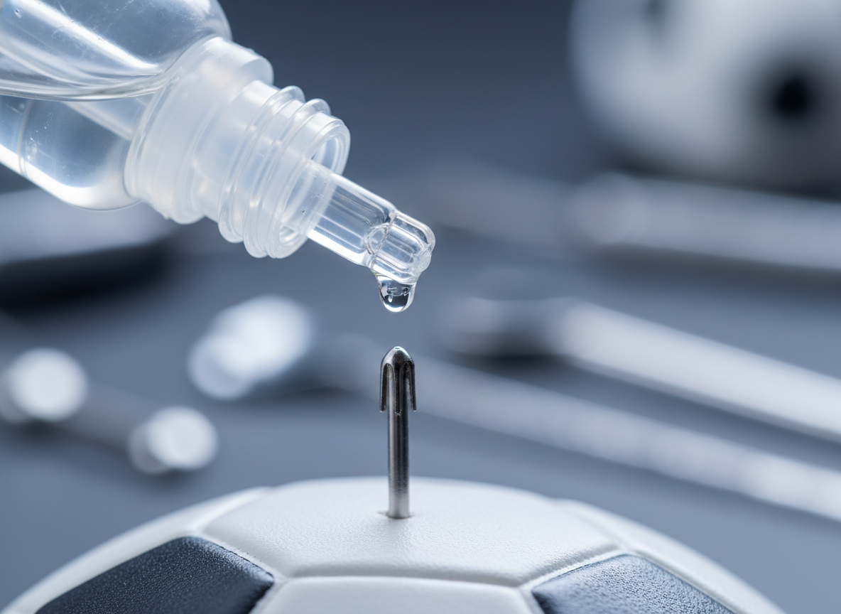 A small bottle of clear valve oil being applied to a silver soccer ball needle, macro photography, showing the drop of oil glistening on the metal. A small bottle of clear valve oil being applied to a silver soccer ball needle, macro photography, showing the drop of oil glistening on the metal.