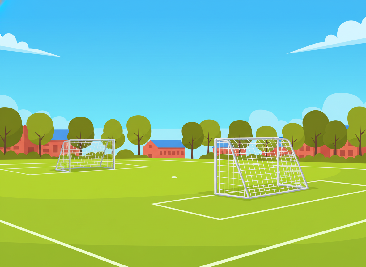 A wide-angle photo of lightweight portable soccer goals with aluminum frames standing on a green community park field, easy to move, under bright daylight.