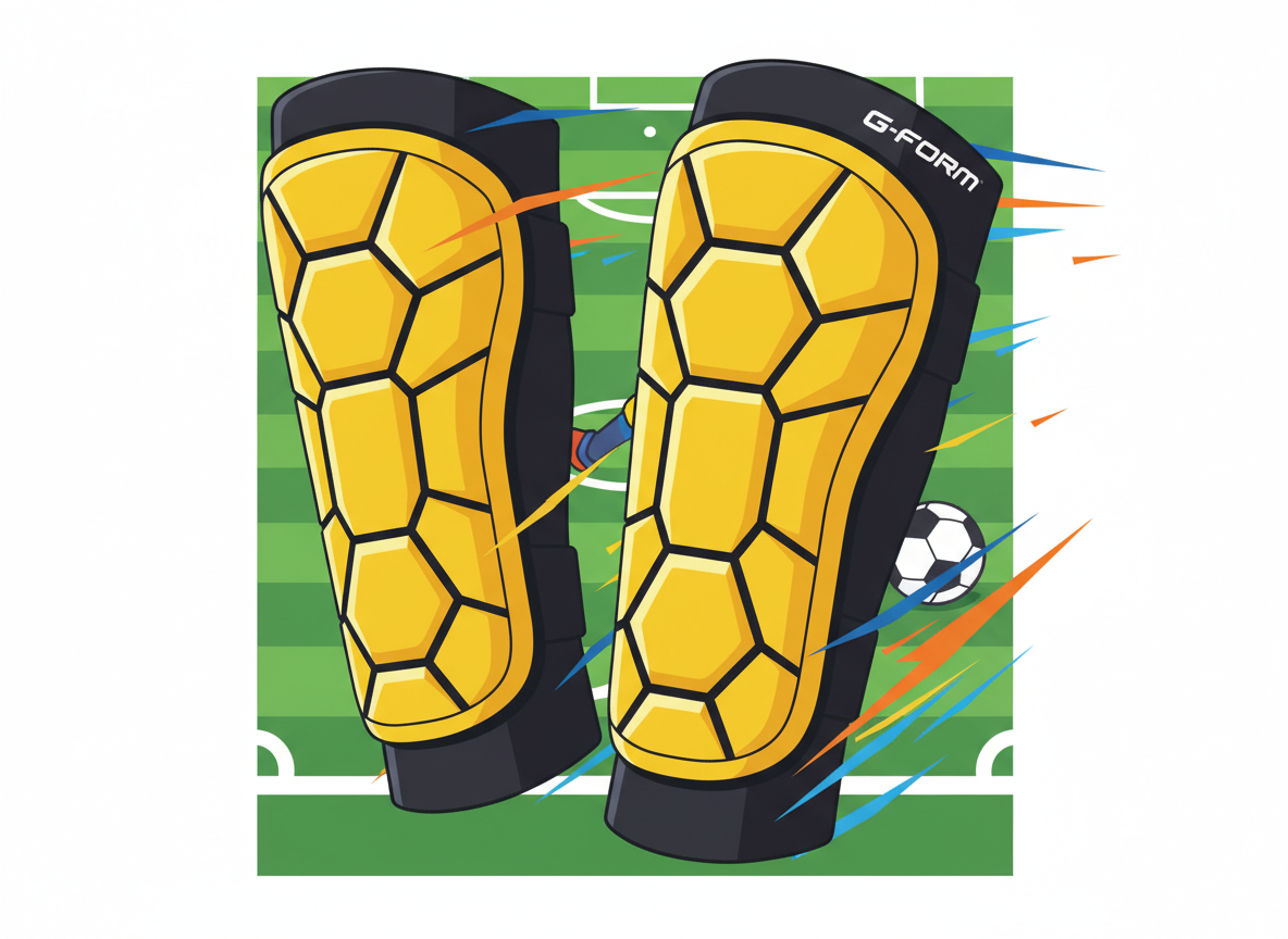 Close-up action shot of G-Form flexible soccer shin guards showing the unique reactive padding texture and vibrant colors, bright athletic lighting. Close-up action shot of G-Form flexible soccer shin guards showing the unique reactive padding texture and vibrant colors, bright athletic lighting.