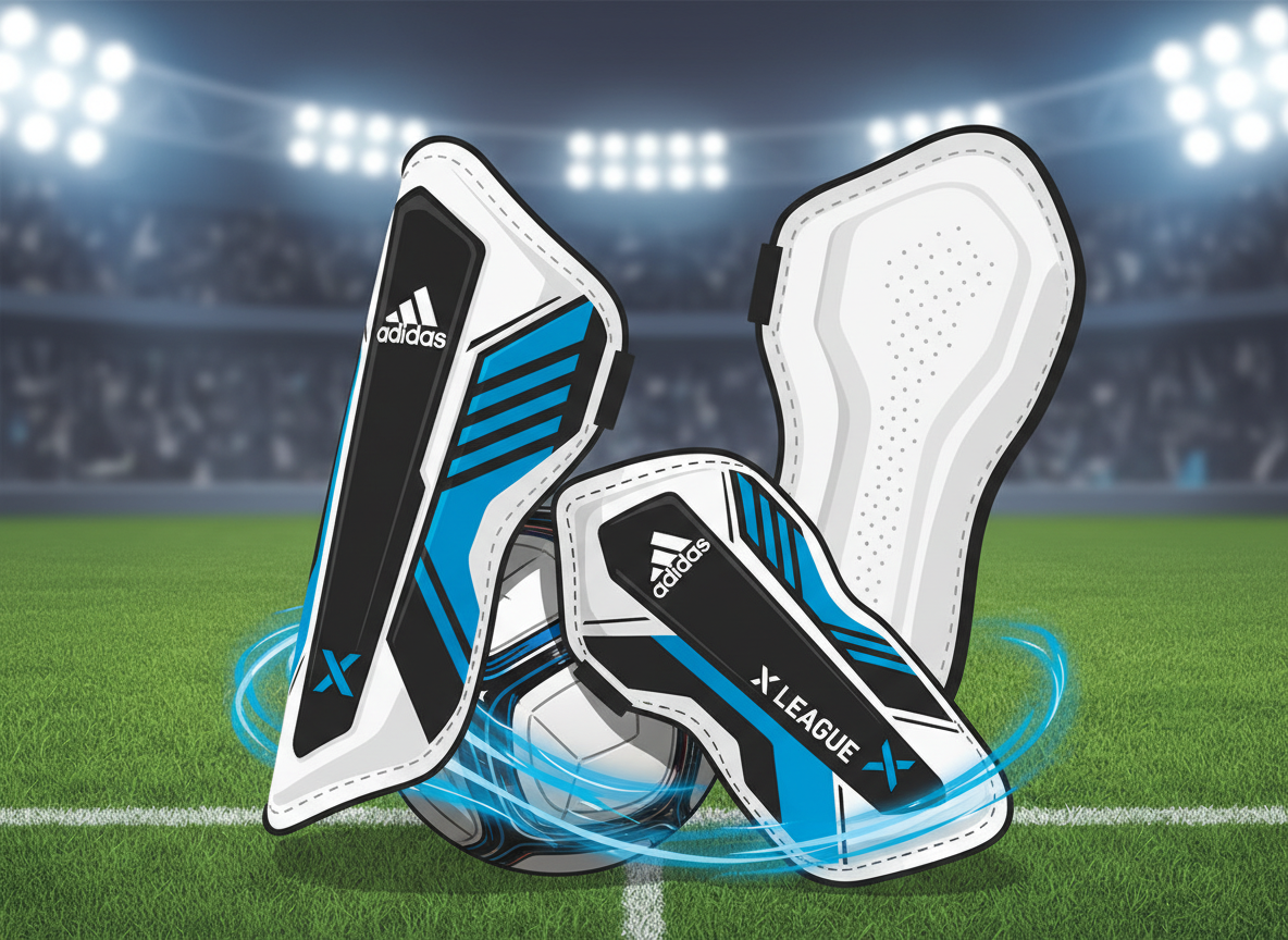 Close-up view of Adidas X League Shin Guards highlighting the asymmetric shield design and the soft EVA foam backing on a soccer turf surface. Close-up view of Adidas X League Shin Guards highlighting the asymmetric shield design and the soft EVA foam backing on a soccer turf surface.