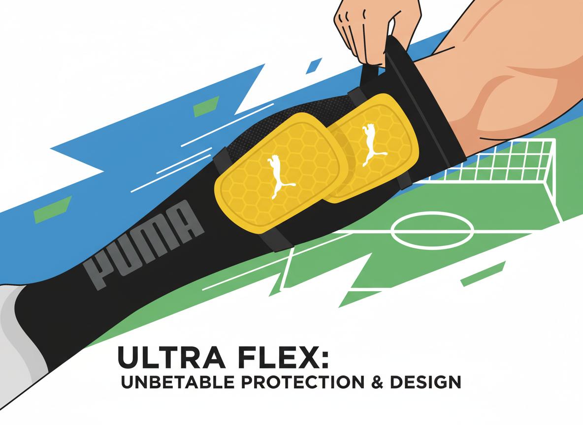 Dynamic action shot of the Puma Ultra Flex Sleeve Guards being inserted into their matching compression sleeves, with the flexible softshell clearly visible. Dynamic action shot of the Puma Ultra Flex Sleeve Guards being inserted into their matching compression sleeves, with the flexible softshell clearly visible.