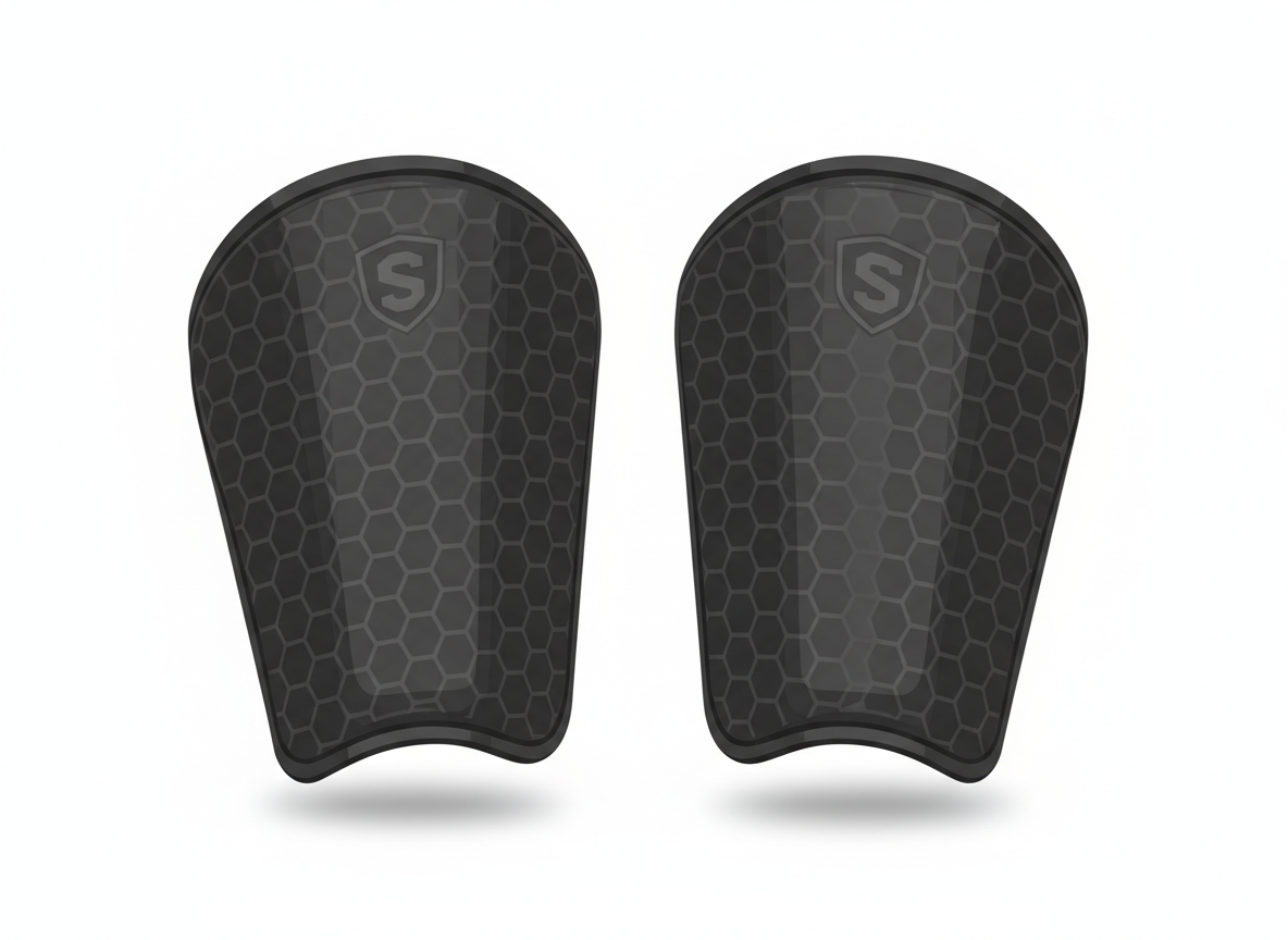 Professional studio photograph of Storelli Slip-In Shin Guards showcasing their unique wedge shape and textured resin coating on a clean white background. Professional studio photograph of Storelli Slip-In Shin Guards showcasing their unique wedge shape and textured resin coating on a clean white background.