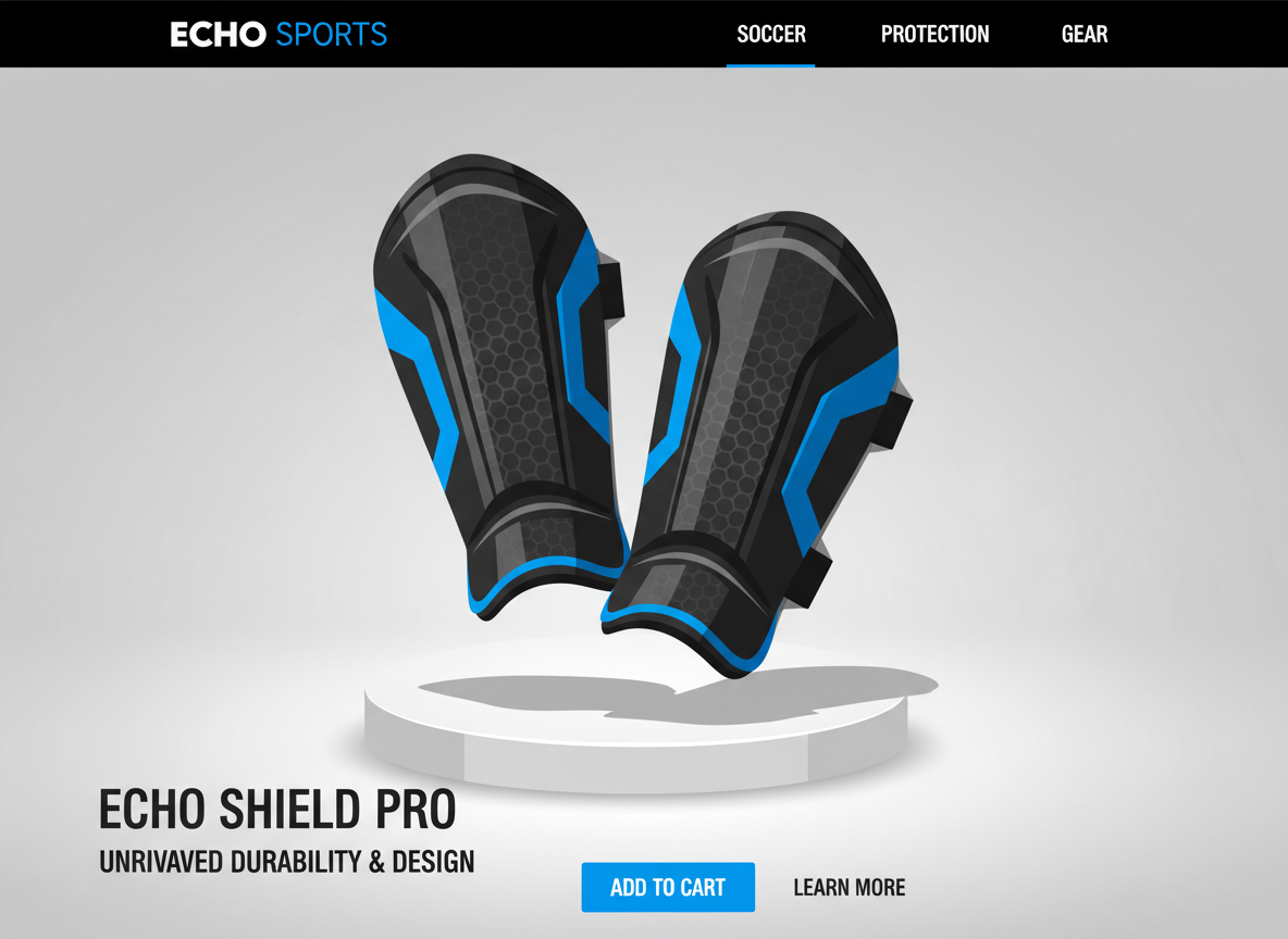 Realistic high-quality product photography of premium soccer shin guards displayed on a sleek, modern e-commerce website interface, cinematic lighting, professional sports equipment aesthetic. Realistic high-quality product photography of premium soccer shin guards displayed on a sleek, modern e-commerce website interface, cinematic lighting, professional sports equipment aesthetic.